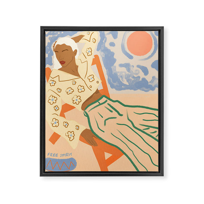 Free Spirit, Wild Bohemian Hippie Brown Woman, Fashion Eclectic Contemporary Boho Spring, Sunny Day Travel Style Pastel Painting Framed Canvas Print Gallery Image 1