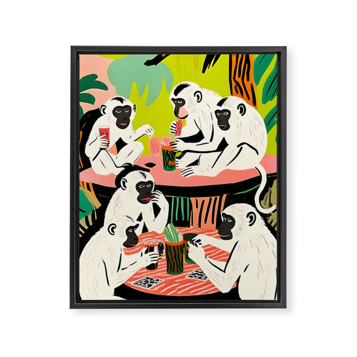 Game Weekend, Monkey Pastel Tropical Playing Cards, Fun Eclectic Party Drinks Alcohol Jungle, Wild Animals Friends Hangout Painting Framed Canvas Print Gallery Image 1