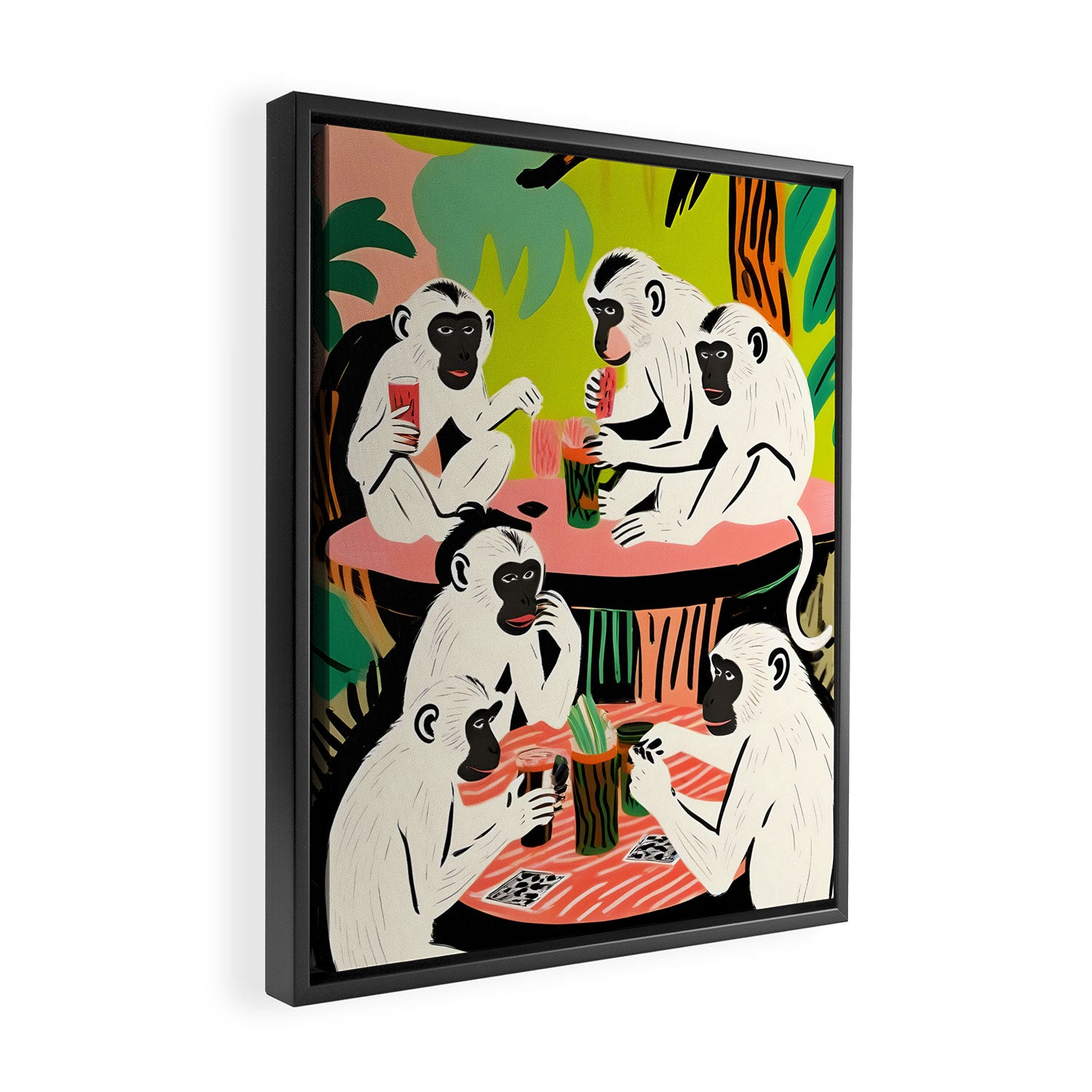 Game Weekend, Monkey Pastel Tropical Playing Cards, Fun Eclectic Party Drinks Alcohol Jungle, Wild Animals Friends Hangout Painting Framed Canvas Print Gallery Image 2