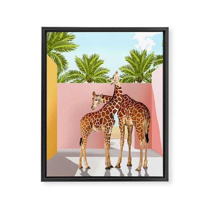 Giraffe Villa | Contemporary Modern Architecture Digital Graphic Art | Wildlife Animals Palm Exotic Framed Canvas Print Gallery Image 1