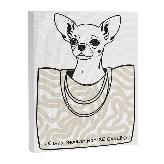 He Who Should Not Be Bagged | Cute Dog Chihuahua Fashion Quote Line Art, Pet Animal Movie Pun Funny, Typography Letters Phrase Dialogue Words, Contemporary Modern Minimal Patterned Bag Canvas Print Gallery Image 1