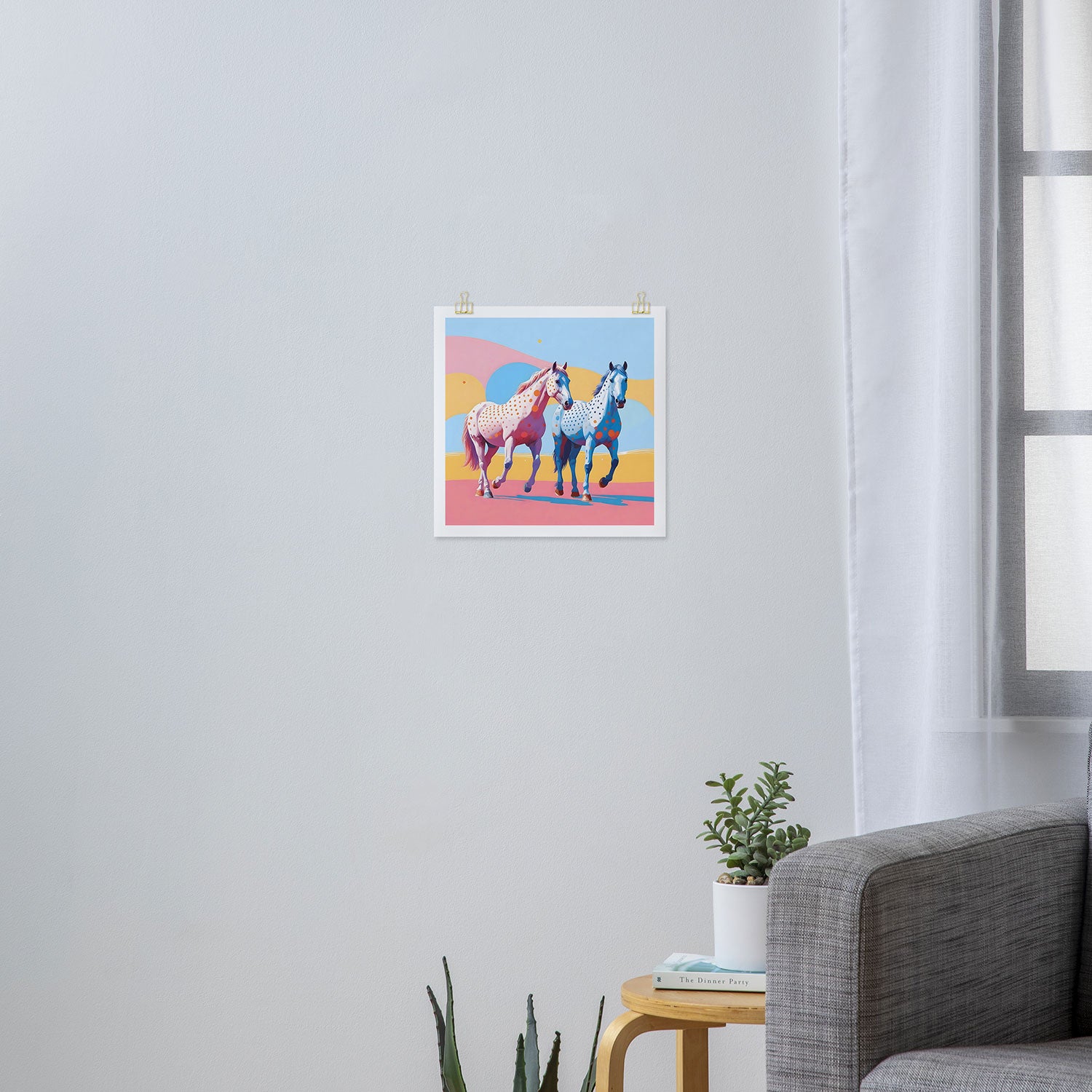 Horses with Polka Dots, Animals Wildlife Pastel Illustration, Chic Pink Yellow Horse Eclectic Bohemian Painting Art Print Gallery Image 3