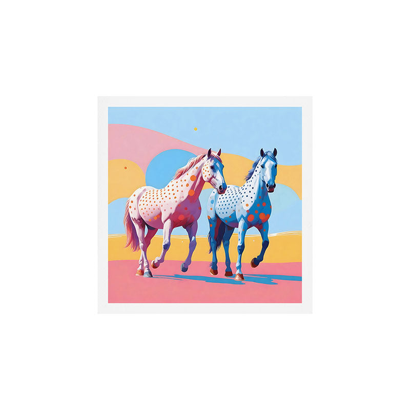 Horses with Polka Dots, Animals Wildlife Pastel Illustration, Chic Pink Yellow Horse Eclectic Bohemian Painting Art Print Gallery Image 1