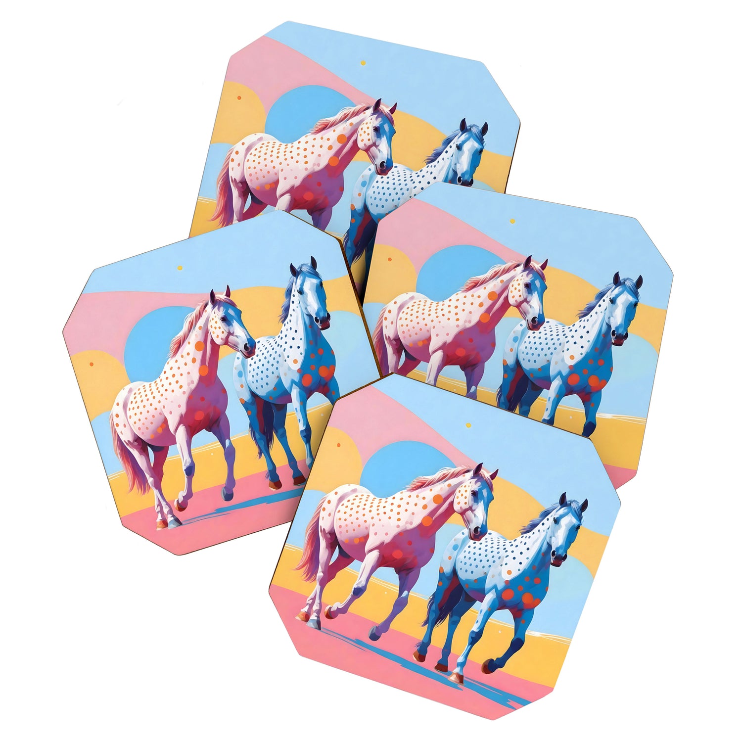 Horses with Polka Dots, Animals Wildlife Pastel Illustration, Chic Pink Yellow Horse Eclectic Bohemian Painting Coaster Gallery Image 1