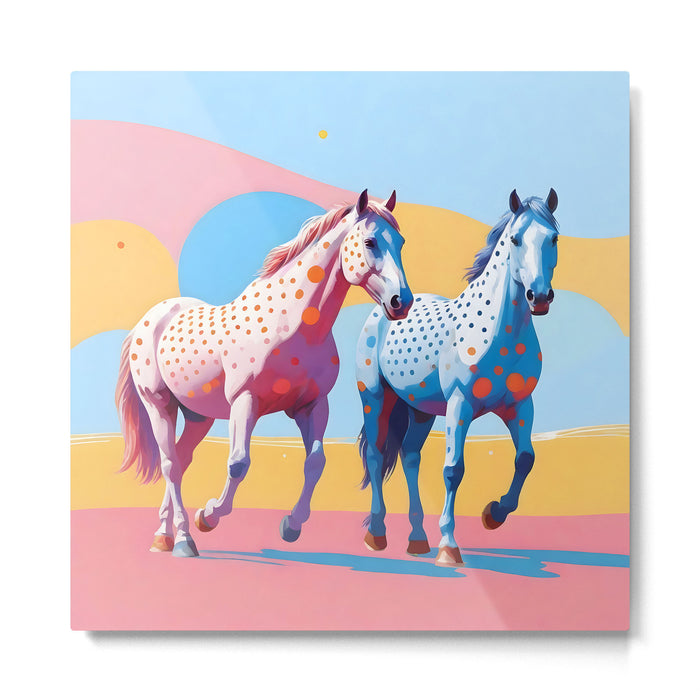 Horses with Polka Dots, Animals Wildlife Pastel Illustration, Chic Pink Yellow Horse Eclectic Bohemian Painting Metal Print Gallery Image 1