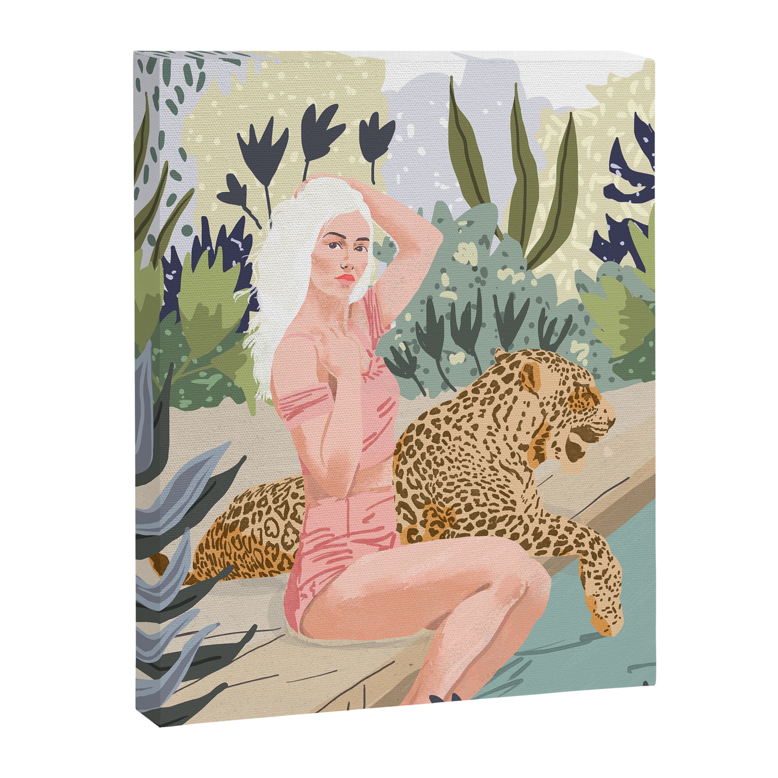 How to Train Your Leopard, Wild Cat Bohemian Woman Painting, Swimming Pool Bikini Summer Swim Animal Canvas Print Gallery Image 6