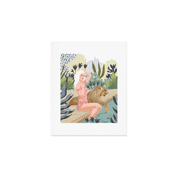 How to Train Your Leopard, Wild Cat Bohemian Woman Painting, Swimming Pool Bikini Summer Swim Animal Art Print Gallery Image 1