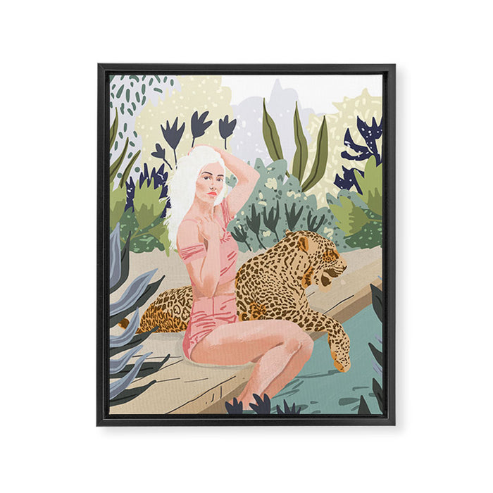 How to Train Your Leopard, Wild Cat Bohemian Woman Painting, Swimming Pool Bikini Summer Swim Animal Framed Canvas Print Gallery Image 1