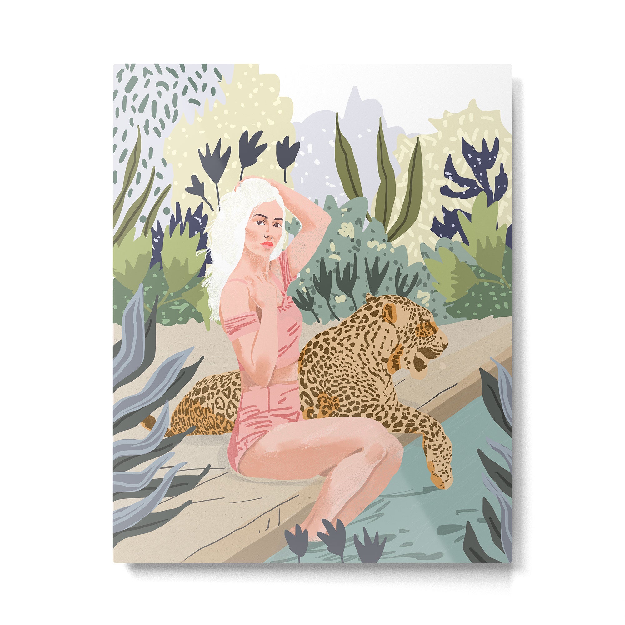 How to Train Your Leopard, Wild Cat Bohemian Woman Painting, Swimming Pool Bikini Summer Swim Animal Metal Print Gallery Image 4