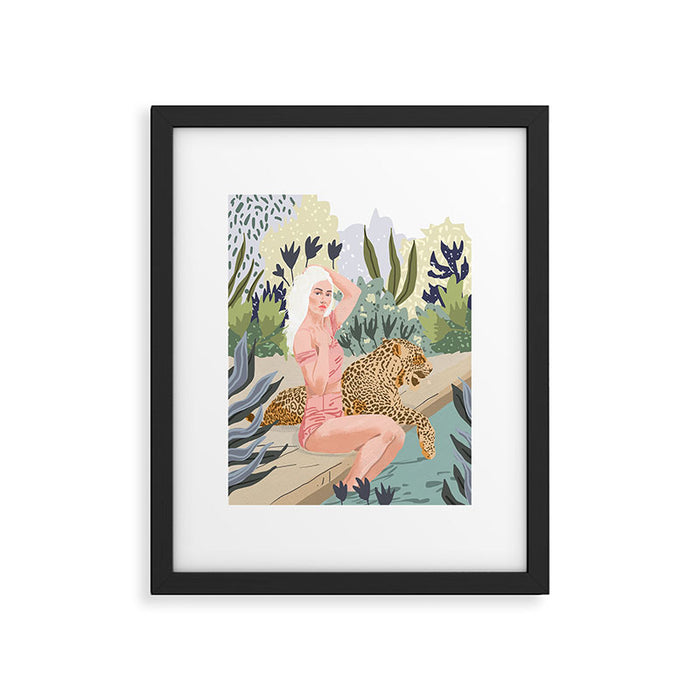 How to Train Your Leopard, Wild Cat Bohemian Woman Painting, Swimming Pool Bikini Summer Swim Animal Framed Art Print Gallery Image 1