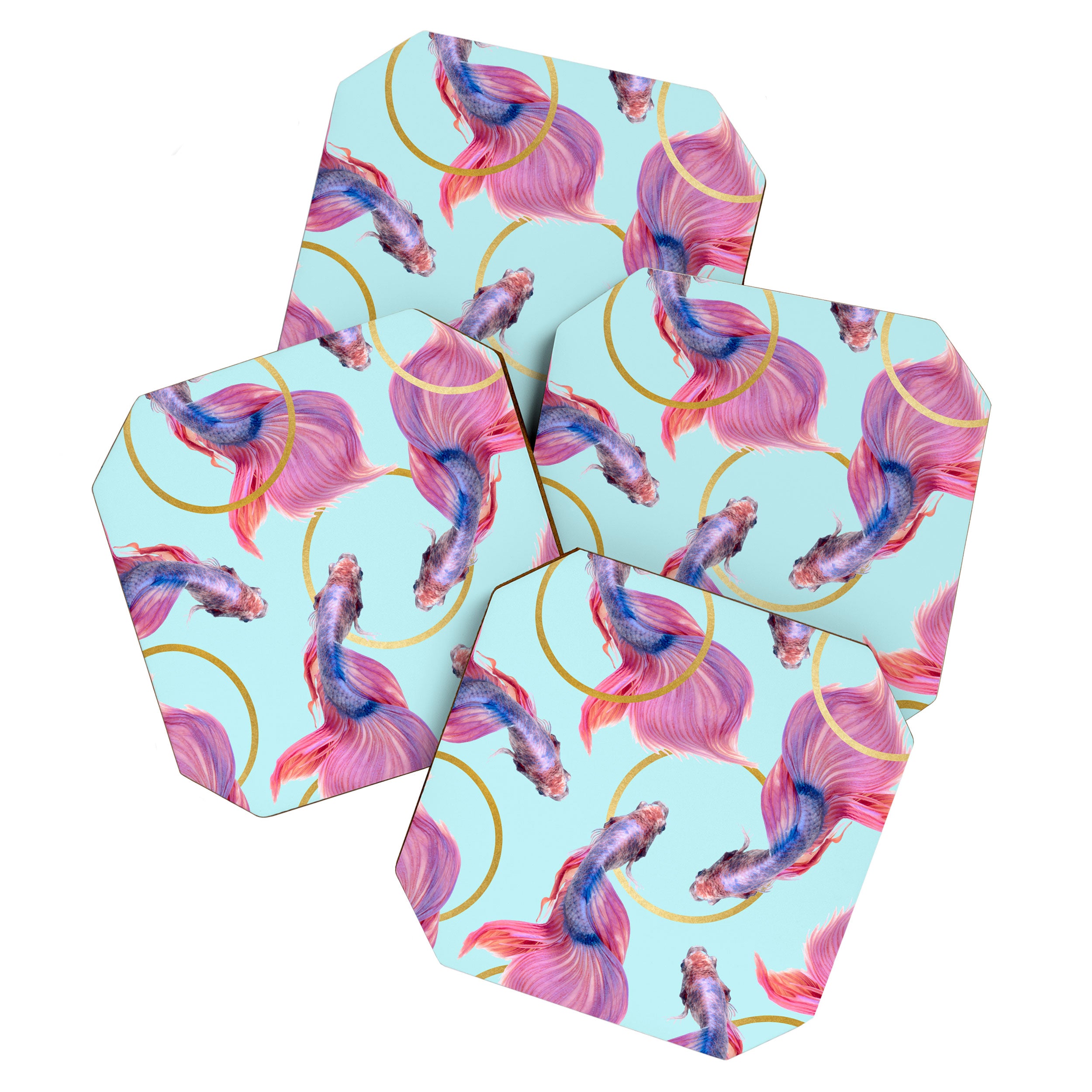 HullaHoops, Eclectic Colorful Fish Graphic Design, Animals Gold Rings Surrealism Quirky Coaster Gallery Image 1