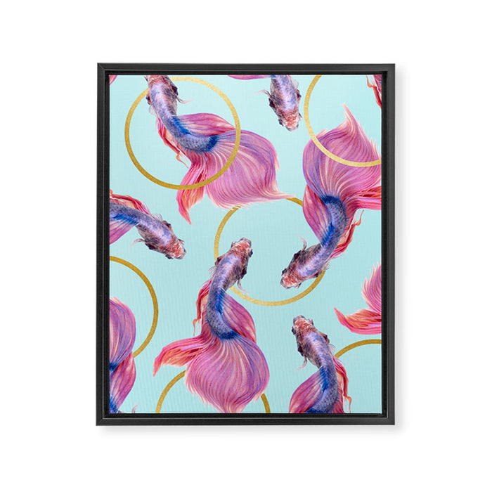HullaHoops, Eclectic Colorful Fish Graphic Design, Animals Gold Rings Surrealism Quirky Framed Canvas Print Gallery Image 1