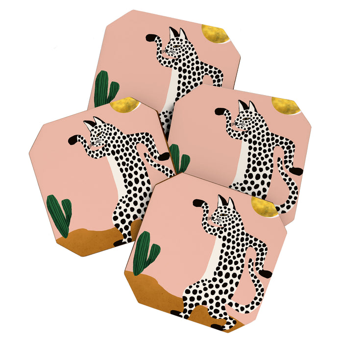 Jazzy Wild Cat, Dancing Leopard Animals Pets, Wildlife Bengal Cats Exotic, Cheetah Jungle Pastel Whimsical, Quirky Bohemian Modern Eclectic Coaster Gallery Image 1