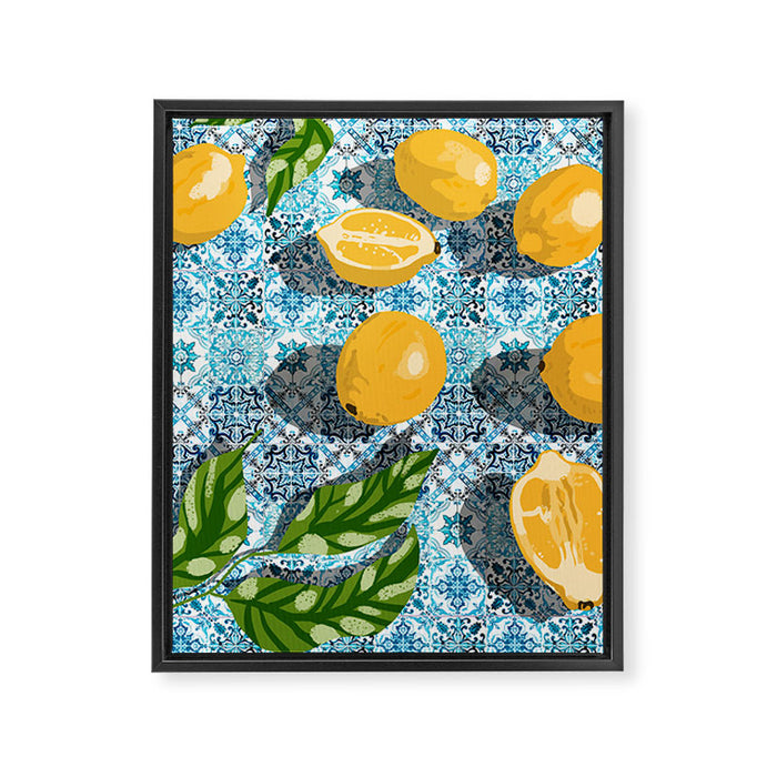 Juicy Lemons on Blue Moroccan Tiles Framed Canvas Print Gallery Image 1