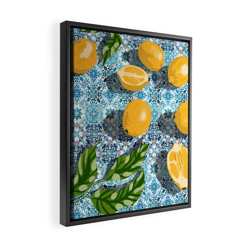 Juicy Lemons on Blue Moroccan Tiles Framed Canvas Print Gallery Image 2