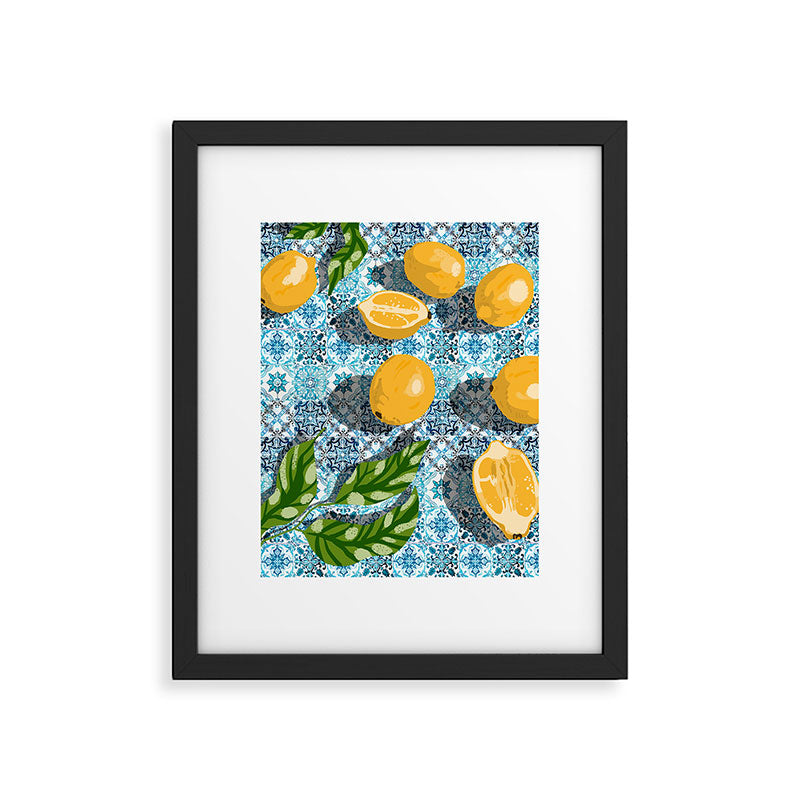 Juicy Lemons on Blue Moroccan Tiles Framed Art Print Gallery Image 6