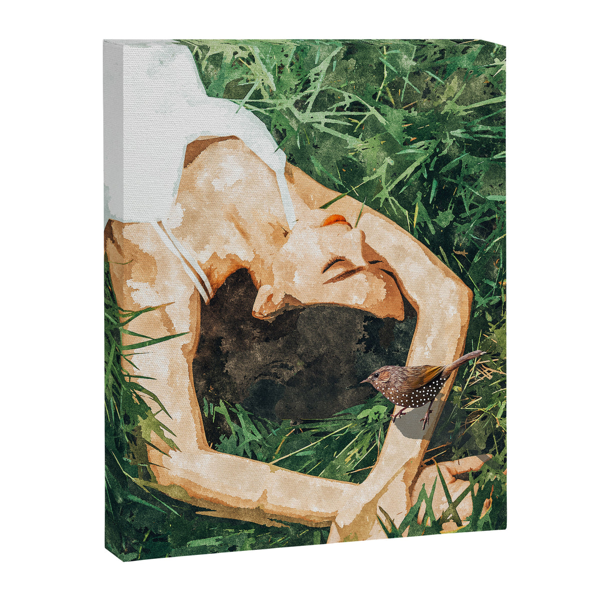 Jungle Nap Painting, Nature Illustration, Woman & Birds Portrait Canvas Print Gallery Image 6