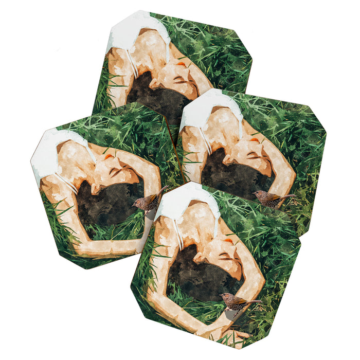 Jungle Nap Painting, Nature Illustration, Woman & Birds Portrait Coaster Gallery Image 1
