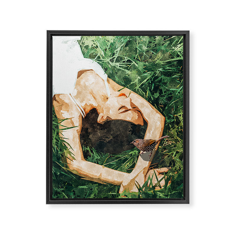 Jungle Nap Painting, Nature Illustration, Woman & Birds Portrait Framed Canvas Print Gallery Image 6
