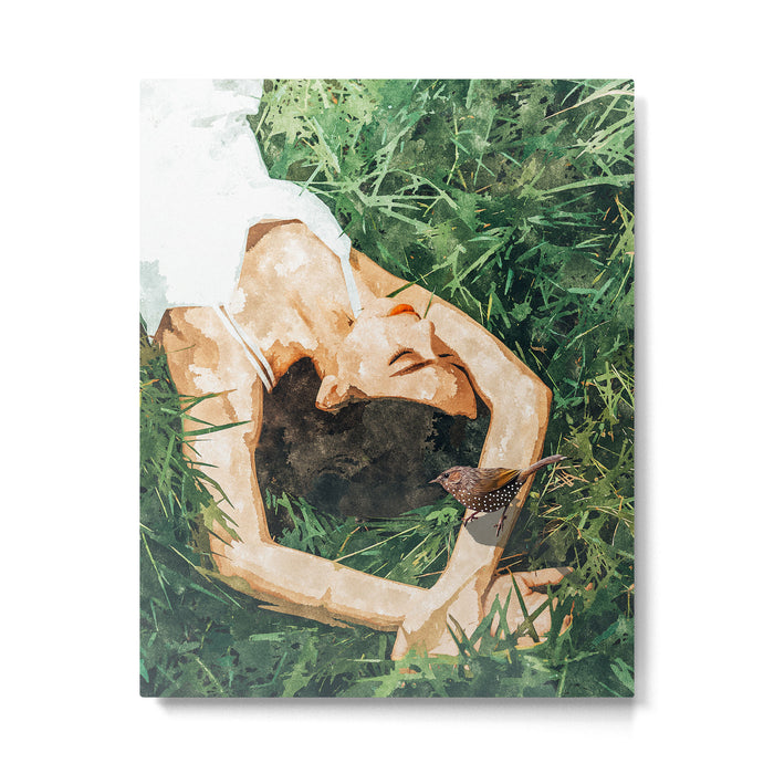 Jungle Nap Painting, Nature Illustration, Woman & Birds Portrait Metal Print Gallery Image 1