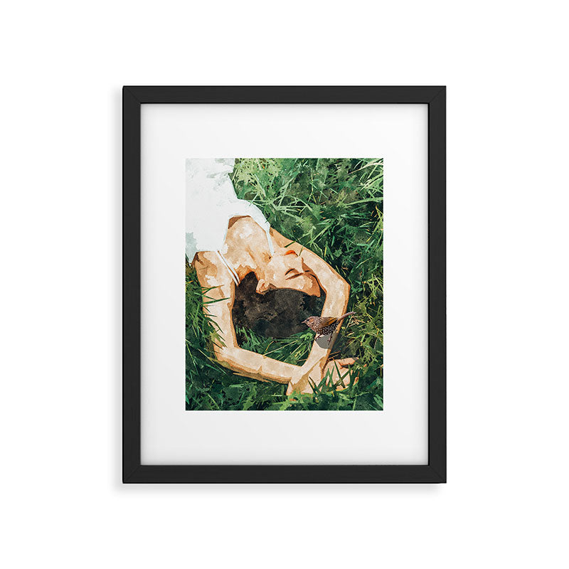 Jungle Nap Painting, Nature Illustration, Woman & Birds Portrait Framed Art Print Gallery Image 5