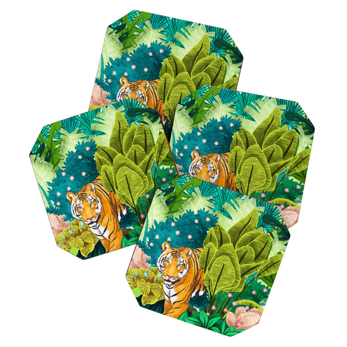 Jungle Tiger | Modern Bohemian Colorful Forest | Tropical Botanical Nature Watercolor Painting Coaster Gallery Image 1