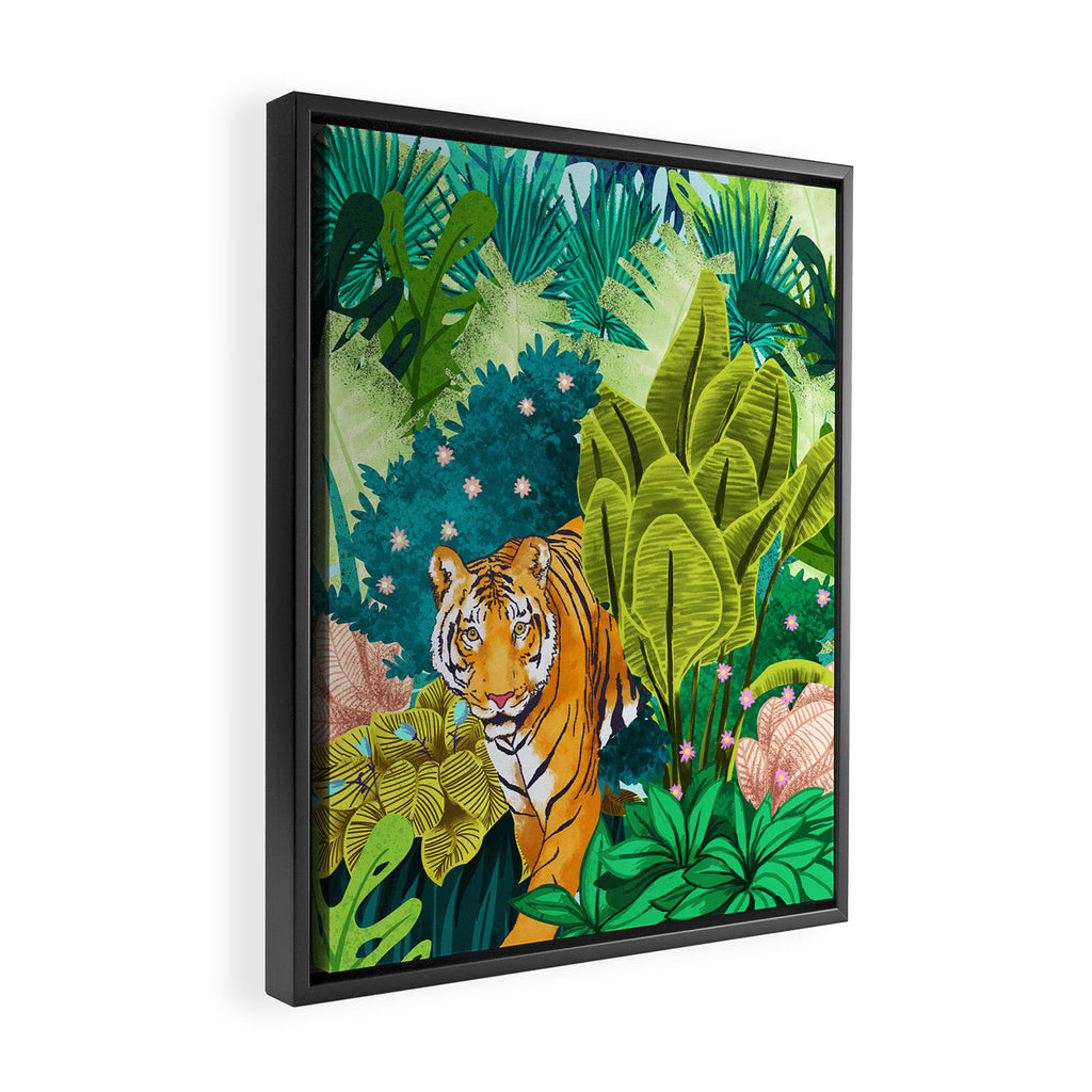 Jungle Tiger | Modern Bohemian Colorful Forest | Tropical Botanical Nature Watercolor Painting Framed Canvas Print Gallery Image 2