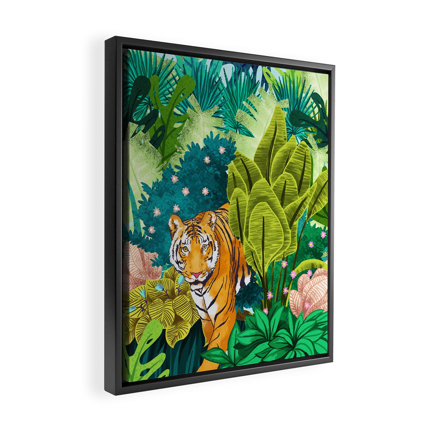 Jungle Tiger | Modern Bohemian Colorful Forest | Tropical Botanical Nature Watercolor Painting Framed Canvas Print Gallery Image 2