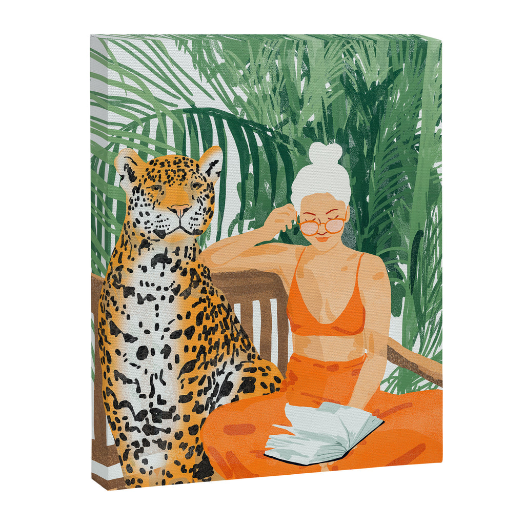 Jungle Vacay | Modern Bohemian Blonde Woman Tropical Travel | Leopard Wildlife Forest Reader Canvas Print Gallery Image 6