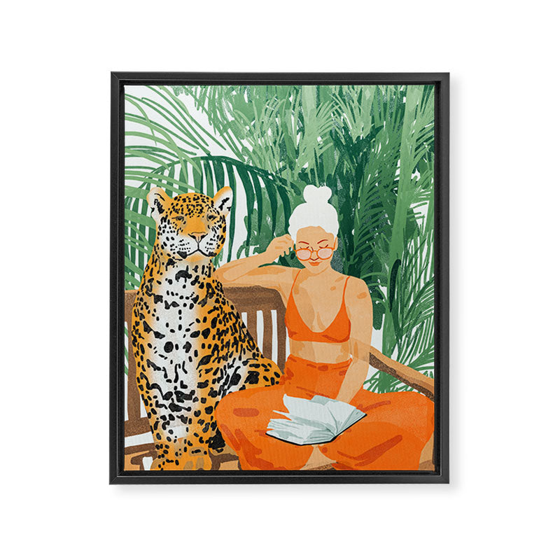 Jungle Vacay | Modern Bohemian Blonde Woman Tropical Travel | Leopard Wildlife Forest Reader Framed Canvas Print Gallery Image 6