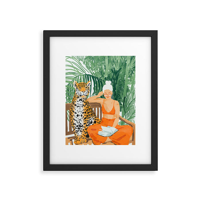Jungle Vacay | Modern Bohemian Blonde Woman Tropical Travel | Leopard Wildlife Forest Reader Framed Art Print Gallery Image 1