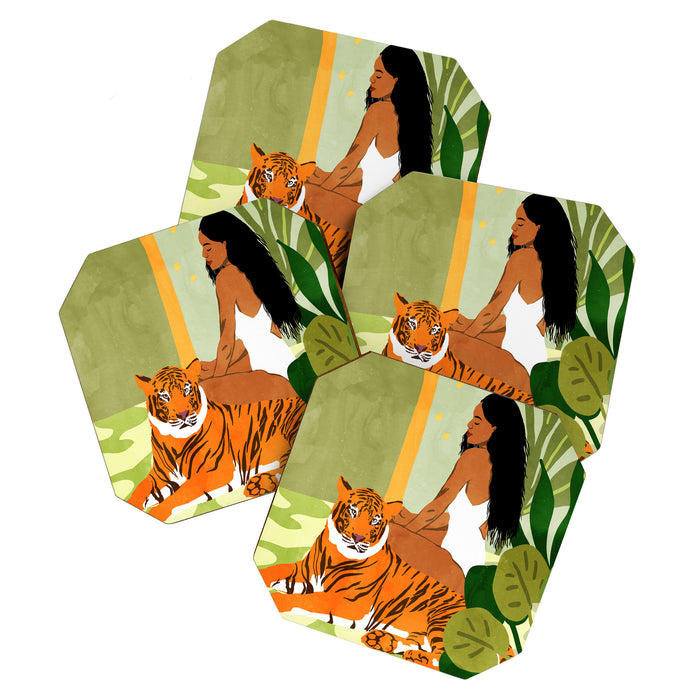 Just You & Me | Tiger Urban Jungle Friendship | Wild Cat Bohemian Black Woman with Pet  Coaster Gallery Image 1
