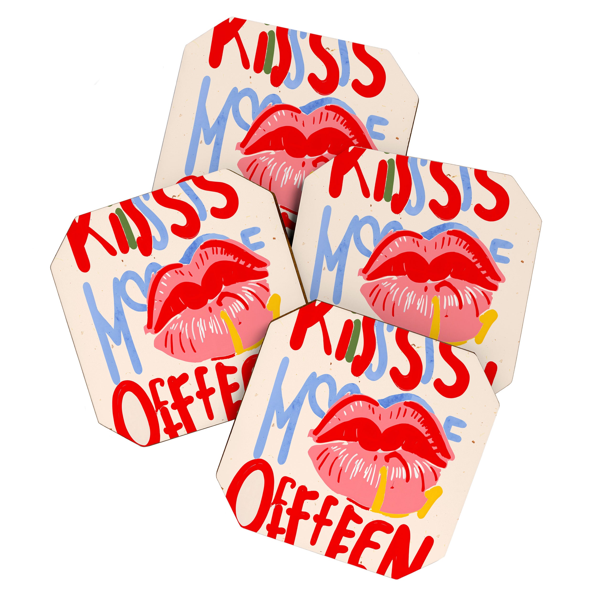 Kiss More Often, Typography Quote Saying Fun Words, Eclectic Bohemian Contemporary Passion Love, Make Out Illustration Painting  Coaster Gallery Image 1