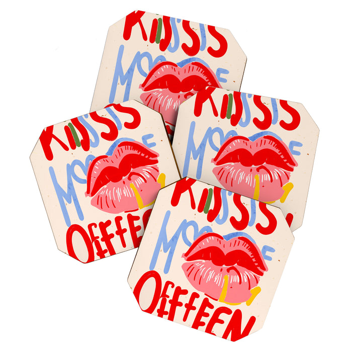 Kiss More Often, Typography Quote Saying Fun Words, Eclectic Bohemian Contemporary Passion Love, Make Out Illustration Painting  Coaster Gallery Image 1