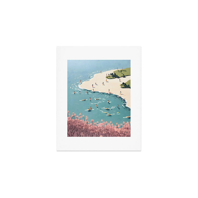 Last Summer, Beach Vibes Tropical Nature Landscape, Pastel Subdued Painting Scenic Travel, People Swim Surf Waves Illustration Art Print Gallery Image 1