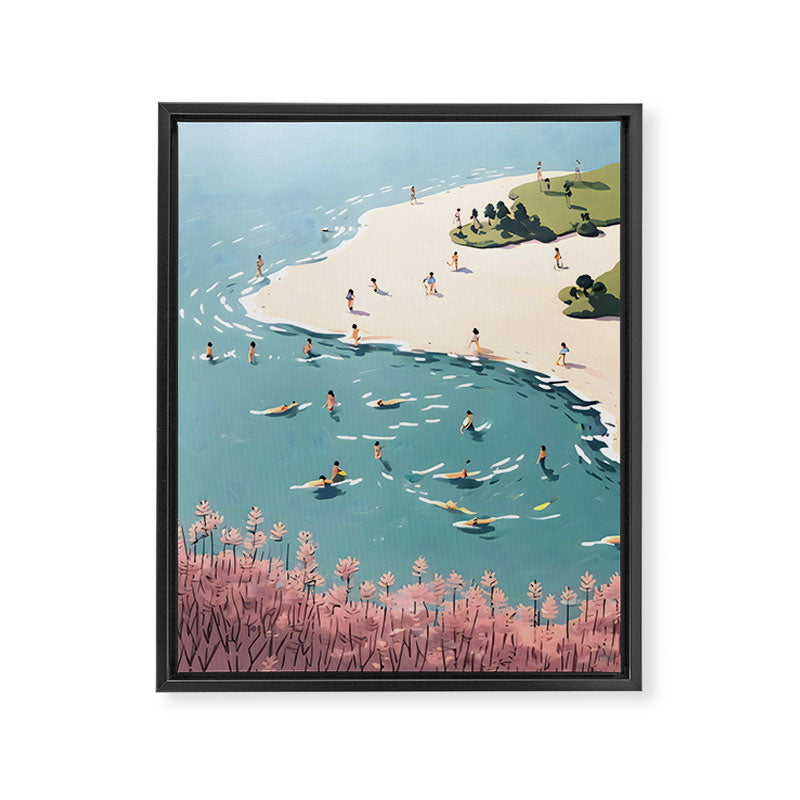 Last Summer, Beach Vibes Tropical Nature Landscape, Pastel Subdued Painting Scenic Travel, People Swim Surf Waves Illustration Framed Canvas Print Gallery Image 6