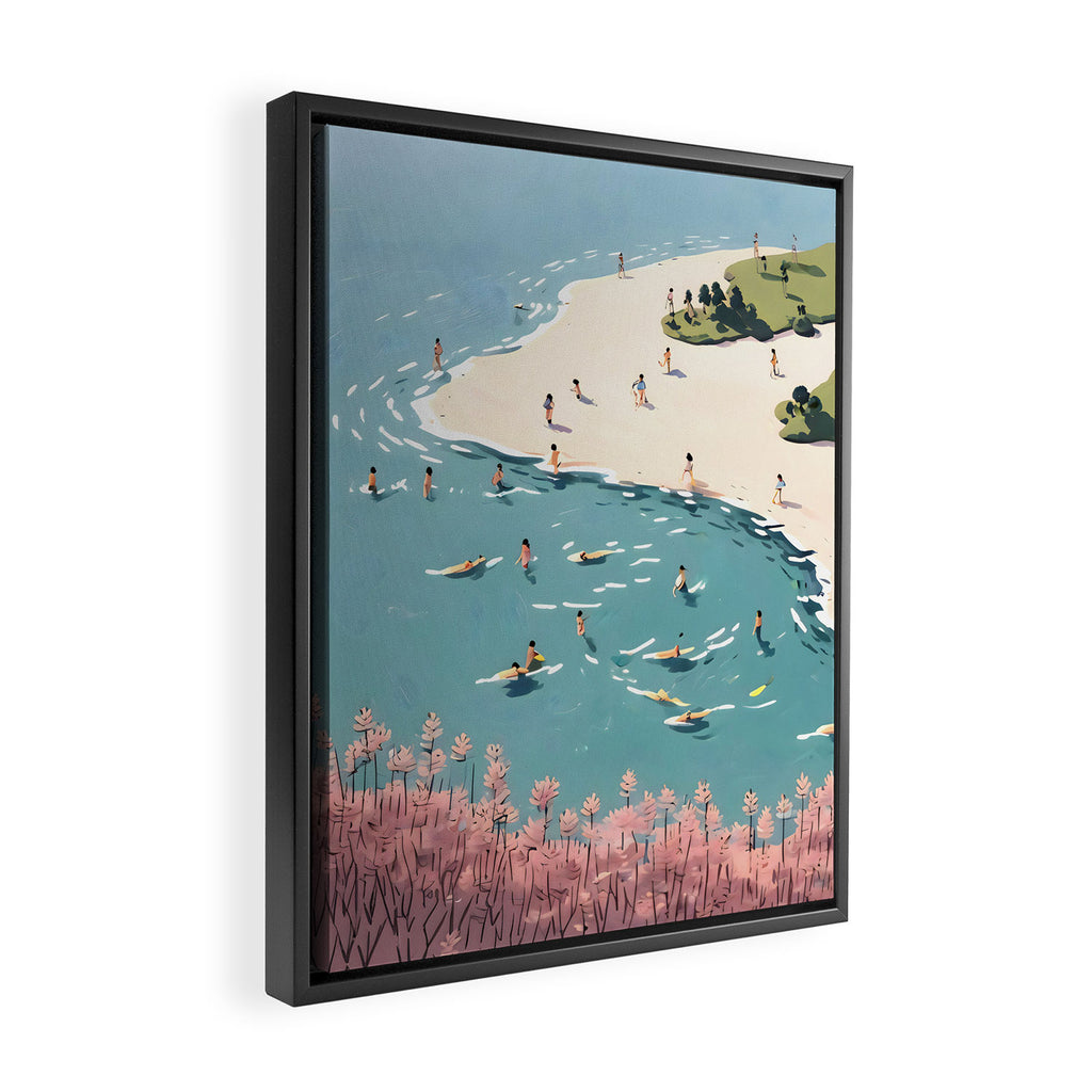 Last Summer, Beach Vibes Tropical Nature Landscape, Pastel Subdued Painting Scenic Travel, People Swim Surf Waves Illustration Framed Canvas Print Gallery Image 2