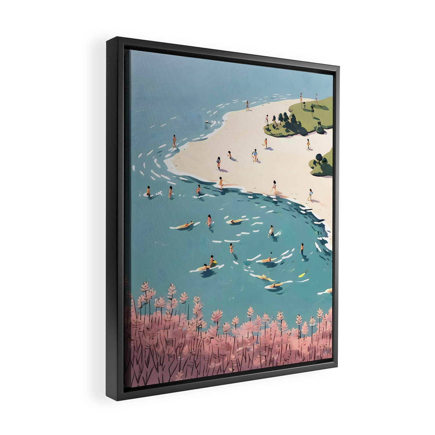 Last Summer, Beach Vibes Tropical Nature Landscape, Pastel Subdued Painting Scenic Travel, People Swim Surf Waves Illustration Framed Canvas Print Gallery Image 2