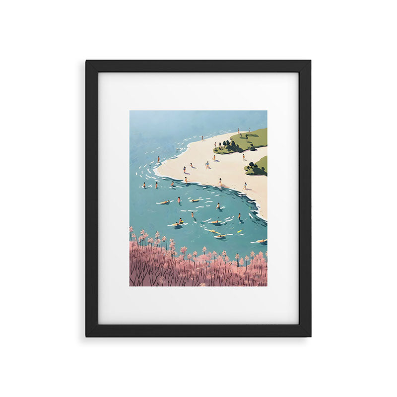 Last Summer, Beach Vibes Tropical Nature Landscape, Pastel Subdued Painting Scenic Travel, People Swim Surf Waves Illustration Framed Art Print Gallery Image 5