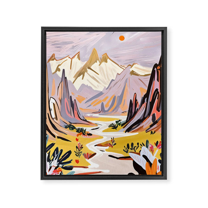 Lavender Mountains, Romantic Scenic Landscape Nature, Travel Summer Painting, Bohemian Colorful Hills Adventure Sunset Framed Canvas Print Gallery Image 1