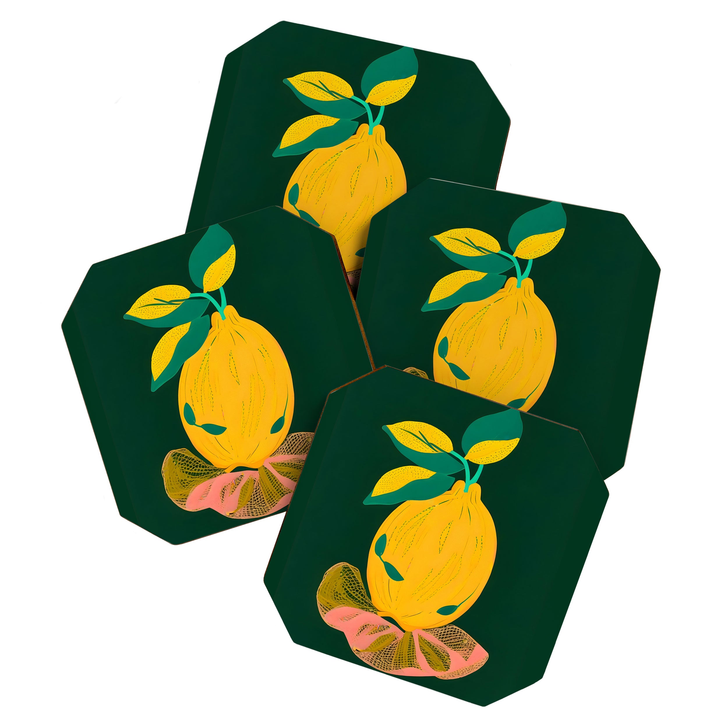 Lemon's Out of The Net Bag, Eclectic Food Fruit Juicy Summer, Whimsical Naïve Quirky Child-like Illustration  Coaster Gallery Image 1
