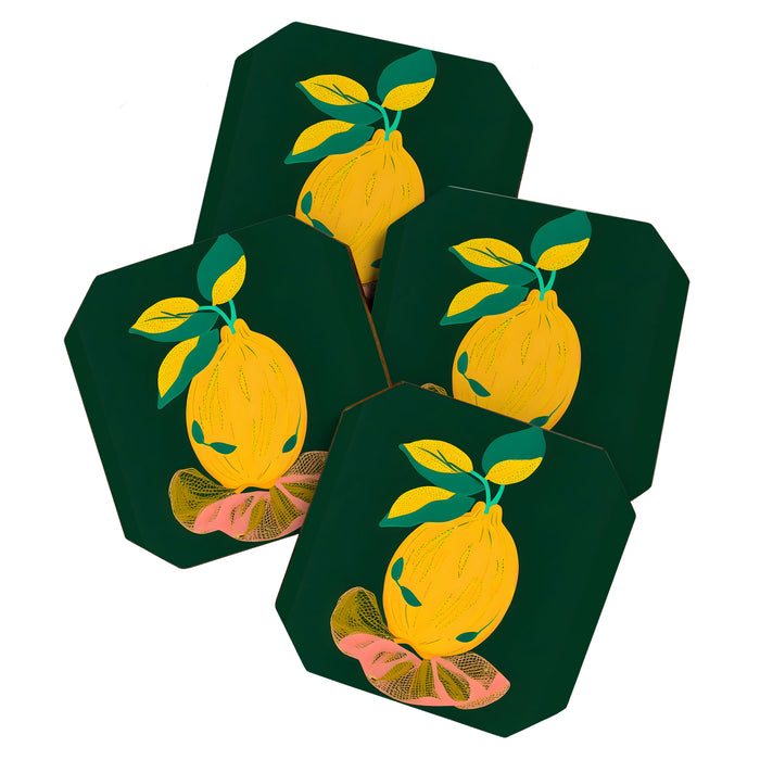 Lemon's Out of The Net Bag, Eclectic Food Fruit Juicy Summer, Whimsical Naïve Quirky Child-like Illustration  Coaster Gallery Image 1