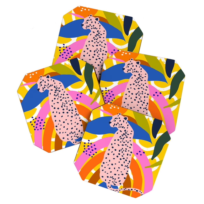 Leopard Somewhere Over The Rainbow, Maximalist Abstract Wildlife Jungle Botanical, Pop of Color Eclectic Animals Illustration  Coaster Gallery Image 1
