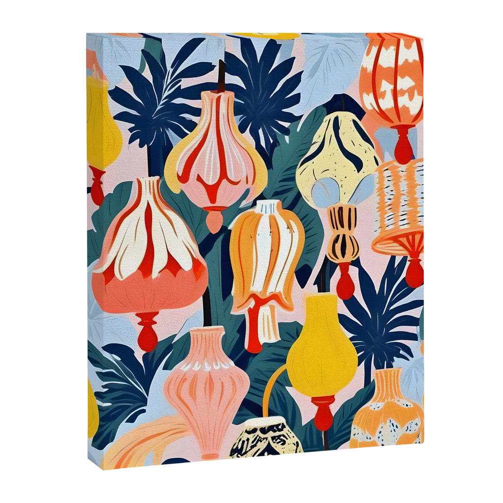 Let There Be Lamps, Lights Illustration Pattern Painting, Pastel Colorful Whimsical Eclectic, Tropical Palm Blush Celebration Festival Party Canvas Print Gallery Image 6