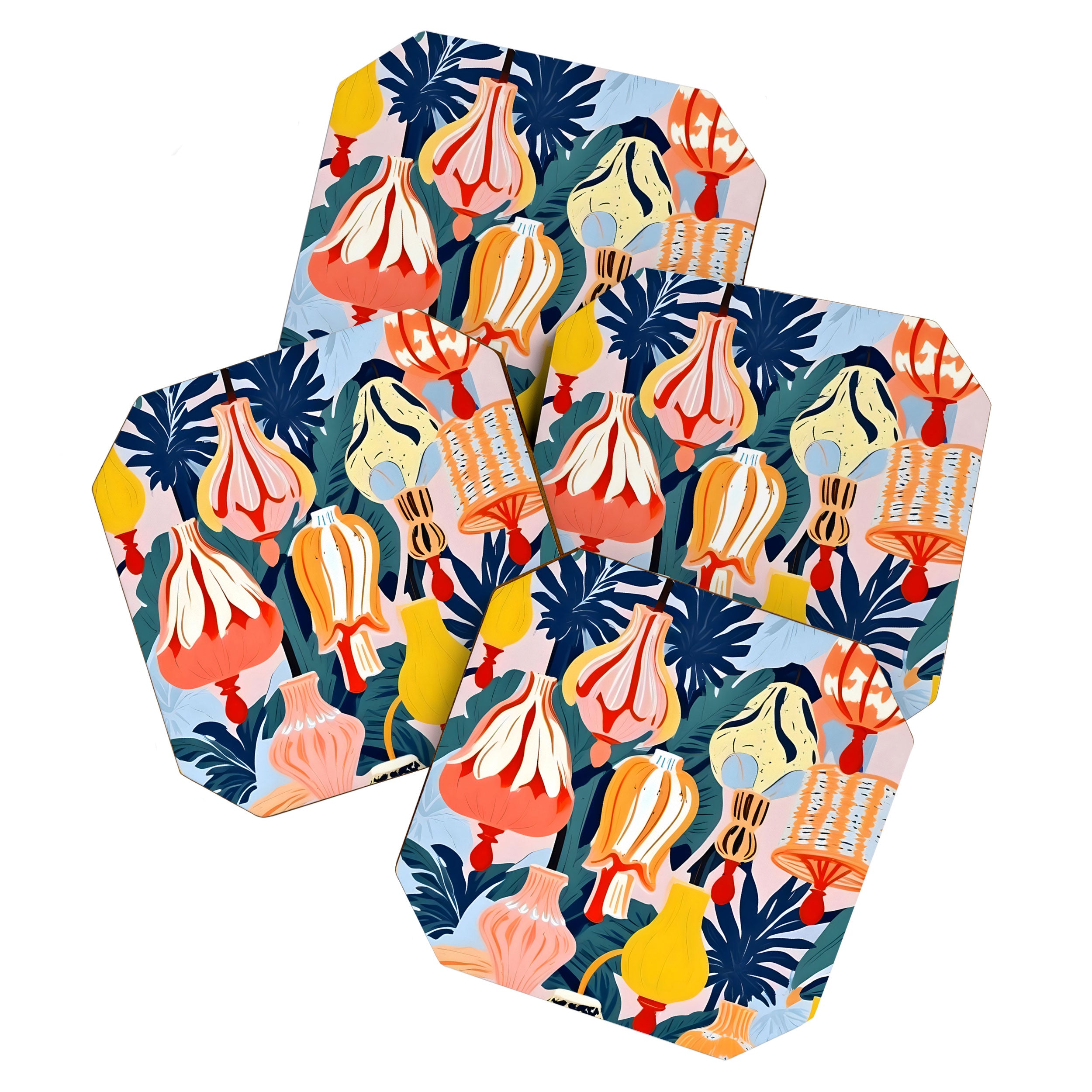 Let There Be Lamps, Lights Illustration Pattern Painting, Pastel Colorful Whimsical Eclectic, Tropical Palm Blush Celebration Festival Party Coaster Gallery Image 1