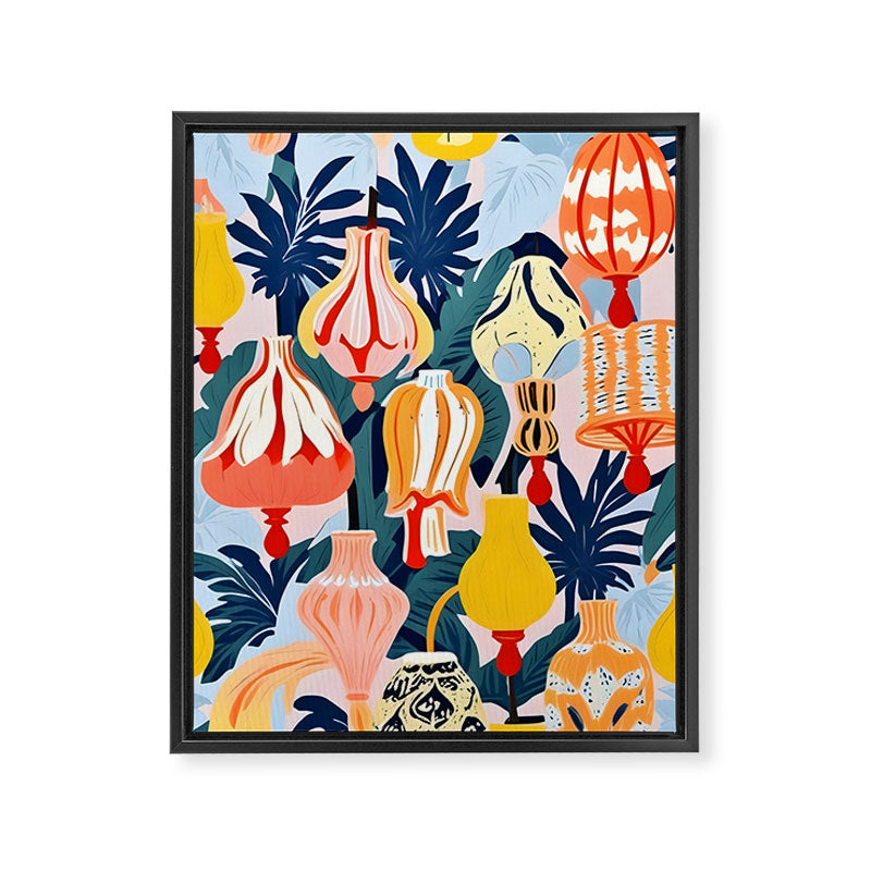 Let There Be Lamps, Lights Illustration Pattern Painting, Pastel Colorful Whimsical Eclectic, Tropical Palm Blush Celebration Festival Party Framed Canvas Print Gallery Image 6