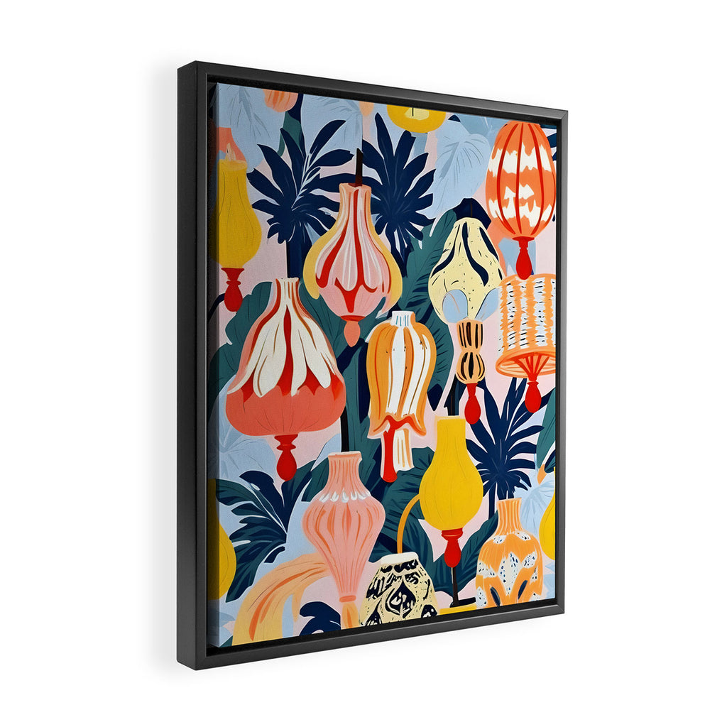 Let There Be Lamps, Lights Illustration Pattern Painting, Pastel Colorful Whimsical Eclectic, Tropical Palm Blush Celebration Festival Party Framed Canvas Print Gallery Image 2
