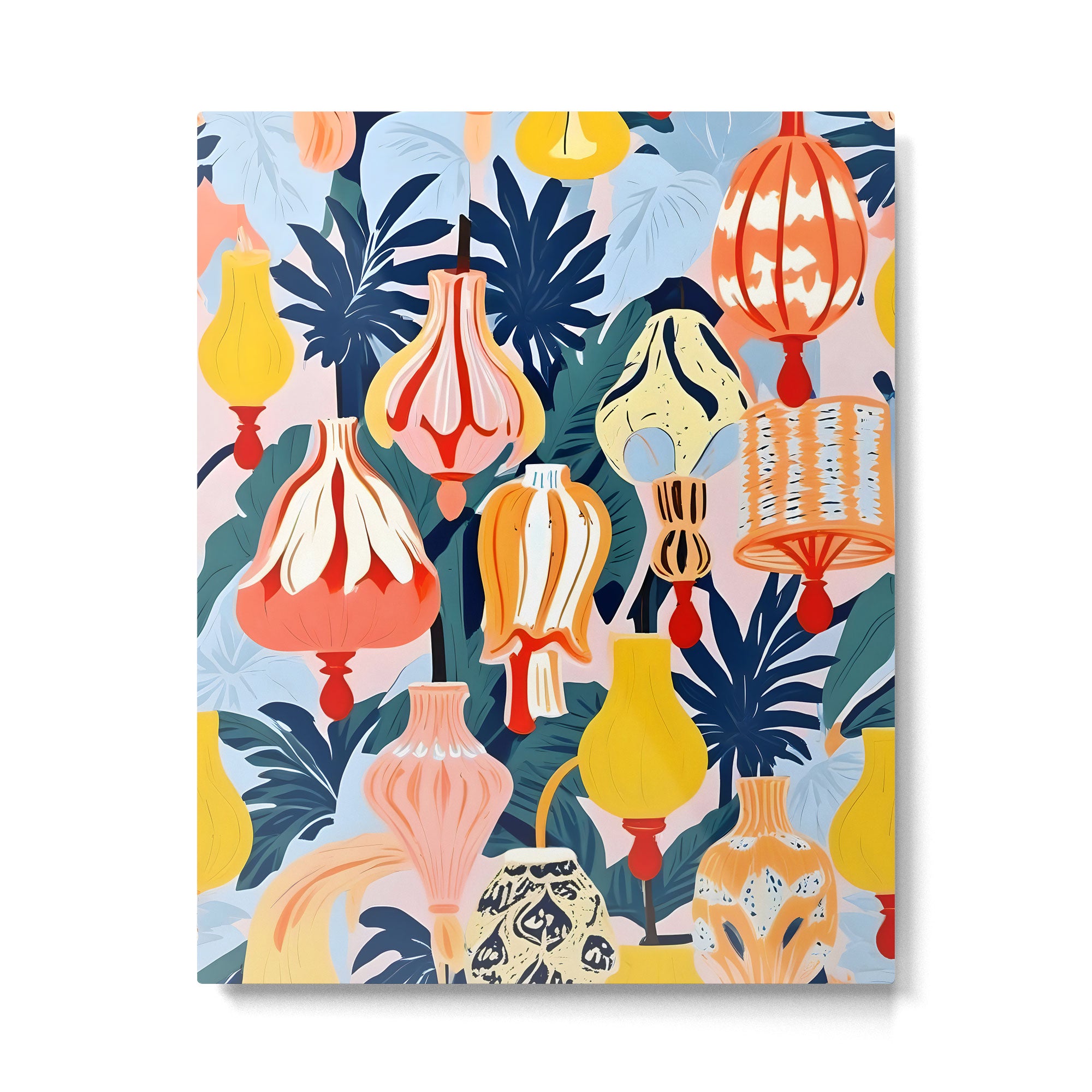 Let There Be Lamps, Lights Illustration Pattern Painting, Pastel Colorful Whimsical Eclectic, Tropical Palm Blush Celebration Festival Party Metal Print Gallery Image 4