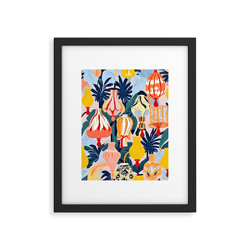 Let There Be Lamps, Lights Illustration Pattern Painting, Pastel Colorful Whimsical Eclectic, Tropical Palm Blush Celebration Festival Party Framed Art Print Gallery Image 5