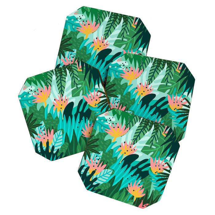 Let's Dance In The Sun, Wearing Wildflowers In Our Hair, Tropical Jungle Nature Botanical Painting Coaster Gallery Image 1